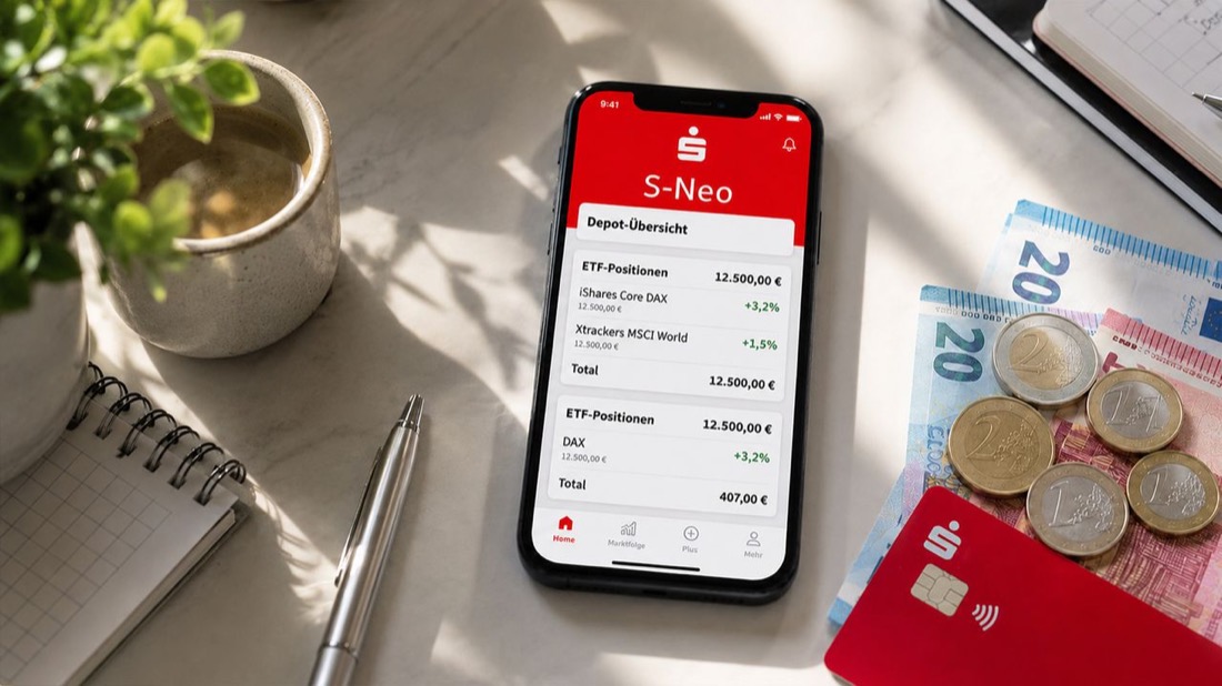 Smartphone mit S-Neo Depot-Übersicht neben Sparkassenkarte und Münzen
